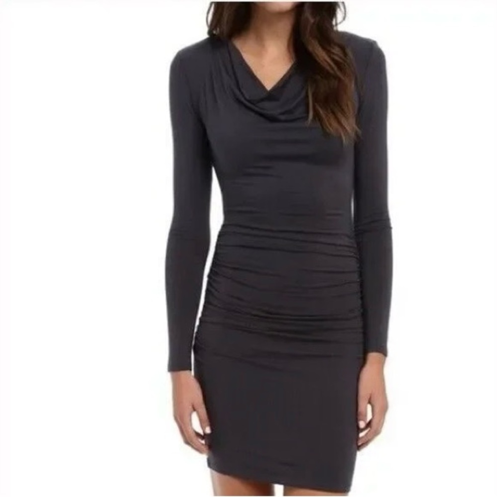 Michael Stars Black Cowl Neck Ruched Long Sleeve Jersey Knit Dress